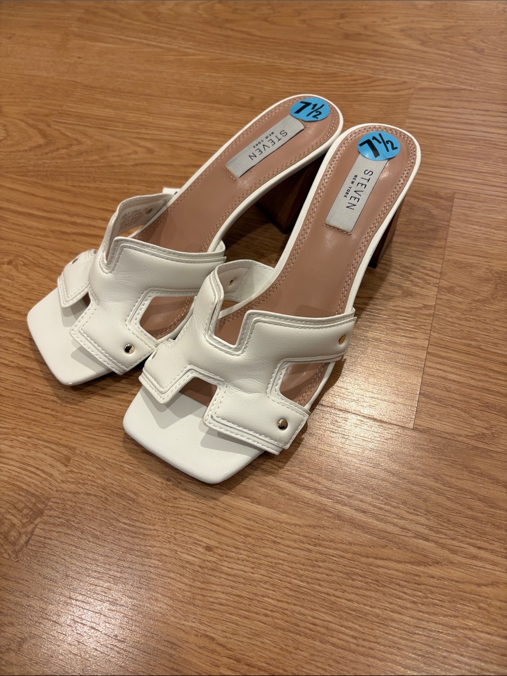 Steve Madden White Leather Cutout Block Heel Mules